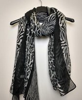Lange dames sjaal Lana panterprint zebraprint grijs zwart
