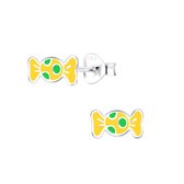Joy|S - Zilveren snoepje oorbellen - geel met blauwe stipjes - 8 x 5 mm