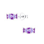 Joy|S - Zilveren snoepje oorbellen - paars met lila hartje - 7 x 4 mm