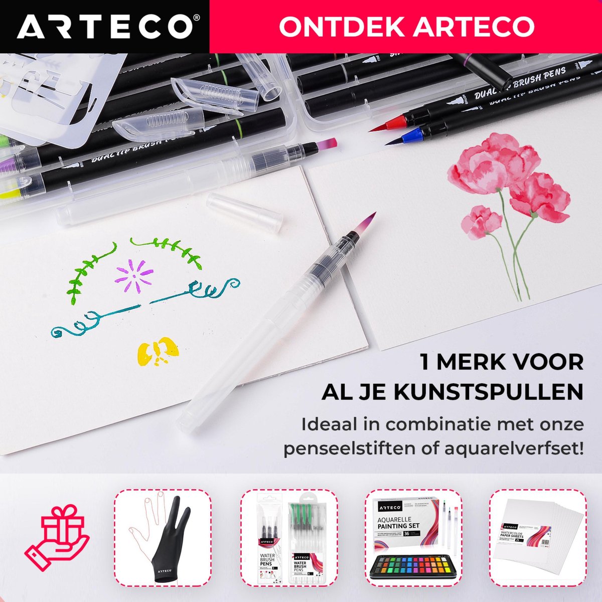 ARTECO® 24 Penseelstiften + 2 Water Brush Pennen Set - Inclusief Aquarel Papier en Sjablonen - Brushlettering – Penseelpen - Cadeau — afbeelding 11