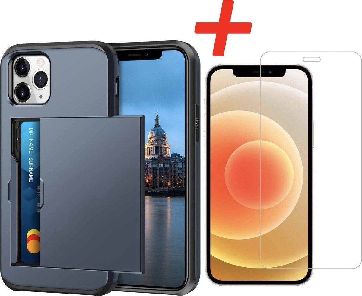 Pasjeshouder geschikt voor Apple iPhone 13 Pro Max - Blauw - met Glazen Screenprotector