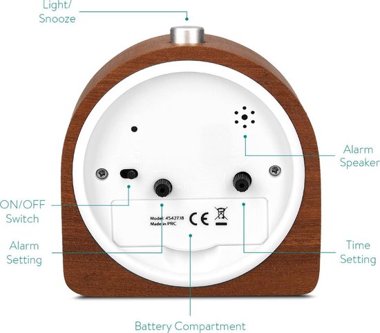 Navaris analoge klassieke houten wekker - Retro tafelklok met alarm, sluimerfunctie en verlichting - Hart - Donkerbruin met witte wijzerplaat