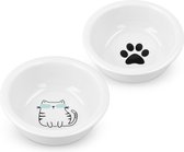 Navaris voerbakjes voor katten - Set van 2 voer- en waterbakken - Etensbak van porselein - Met katten ontwerp - Wit