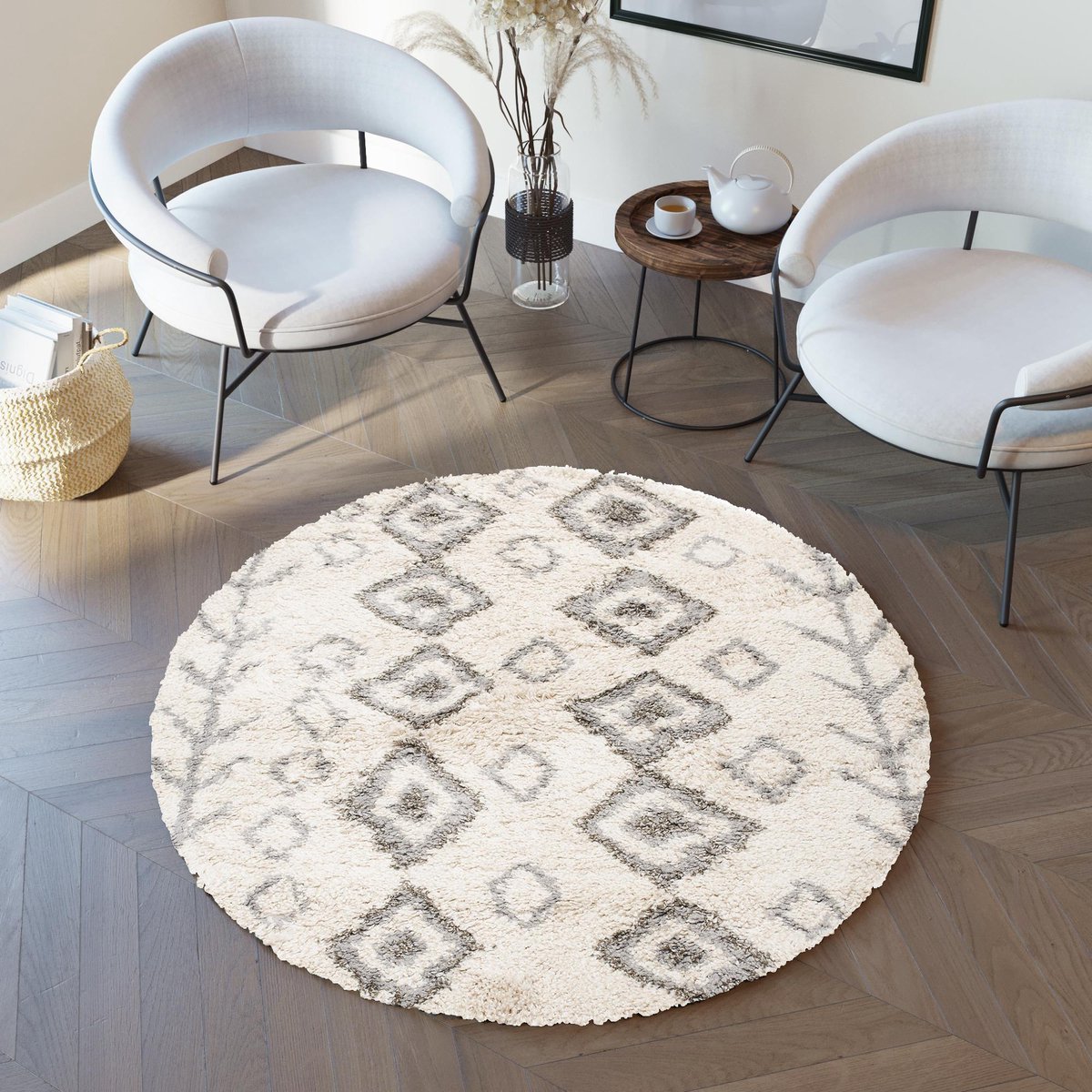Tapiso Boho Vloerkleed Rond Beige Shaggy Bohemian Scandinavisch Modern Slaapkamer Woonkame