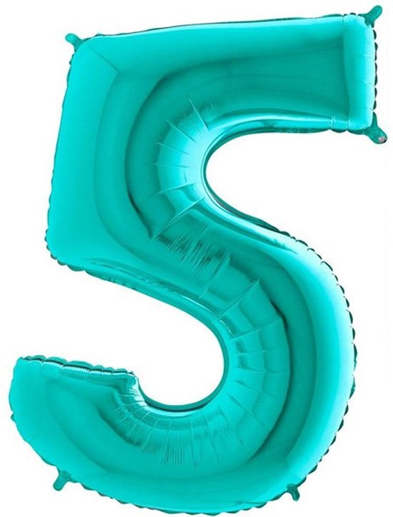 Folieballon Cijfer 5 Turquoise - 100 Centimeter