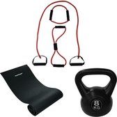 Tunturi - Fitness Set - Kettlebell 8 kg - Fitnessmat 160 x 60 x 0,7 cm - Tubing Set Rood