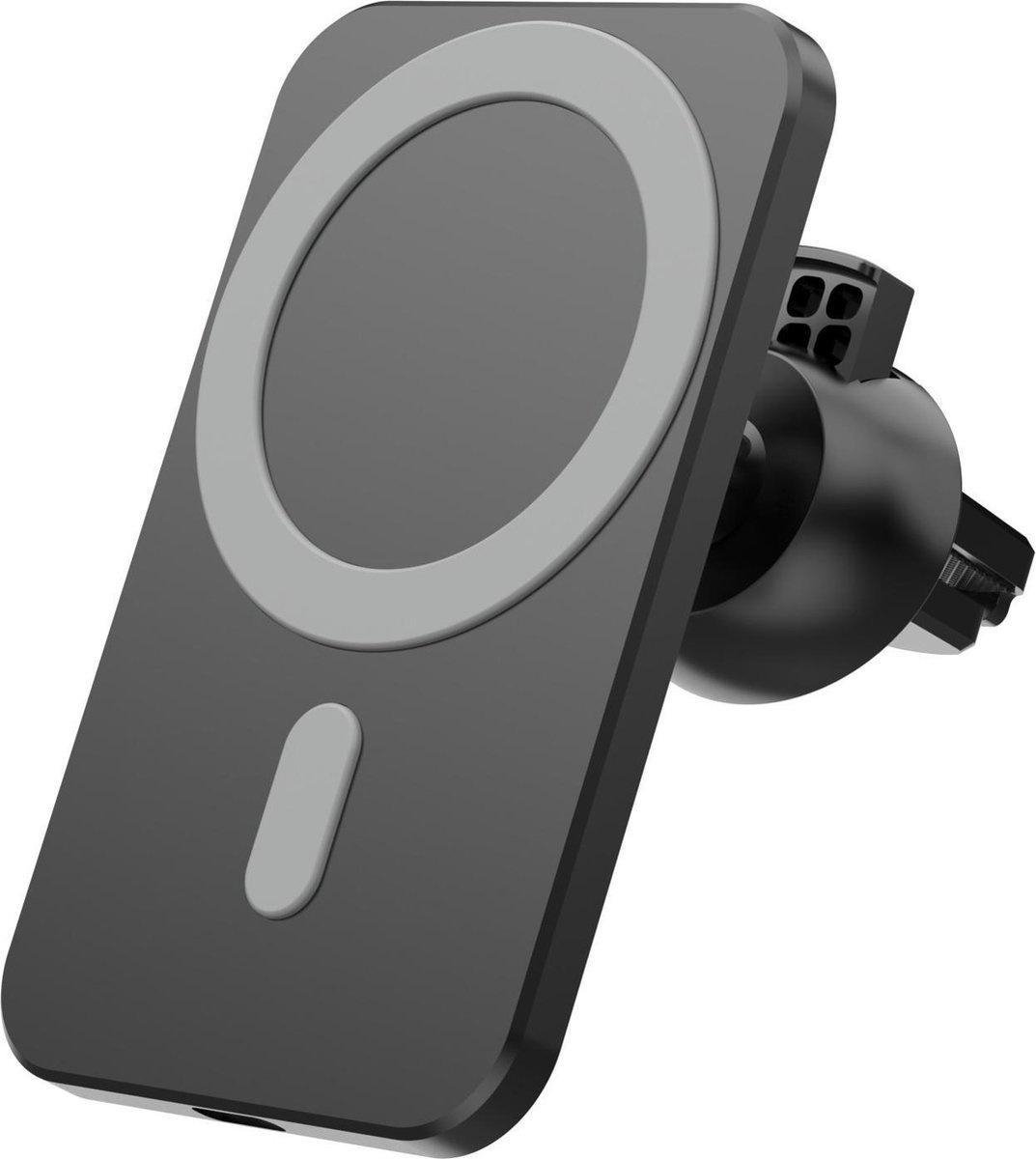 Autohouder en Draadloze Oplader geschikt voor iPhones met magnetische ring & oplaadfunctie - Telefoonhouder voor Ventilatierooster - Zwart