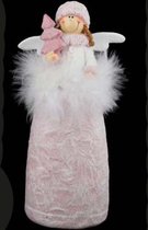 Engel met kerstboom Roze met pluimpjes Resina 19cm