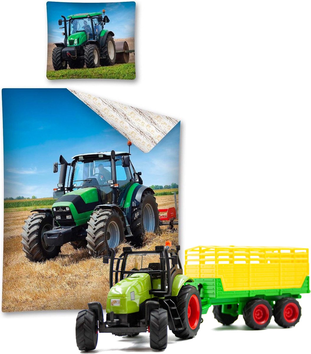 Dekbedovertrek Tractor- 140 x 200 cm - Katoen - Groen , incl. Tractor speelgoed set met Silage wagen