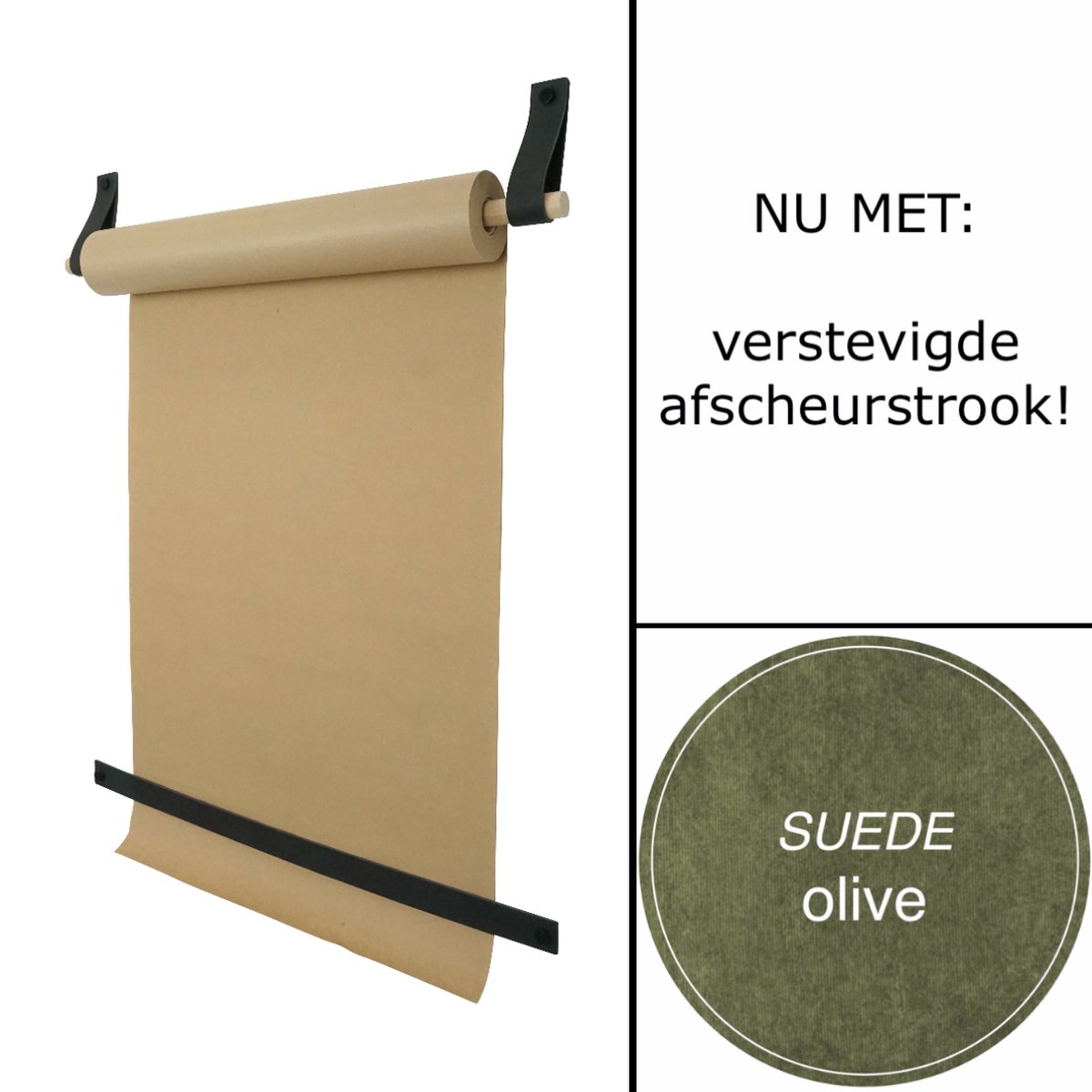 Tekenrol - aan leren lussen | SUEDE OLIVE (Papierrol: bruin) NU MET: verstevigde afscheurstrook! (wandborden - tekstborden - tekenbord)