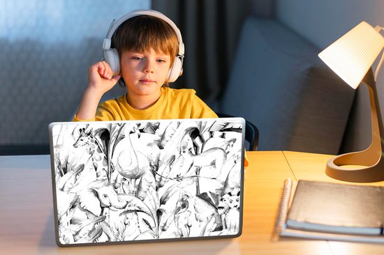 Sticker pour ordinateur portable - 14 pouces - Aquarelle animaux et plantes de la jungle sur fond blanc - noir blanc