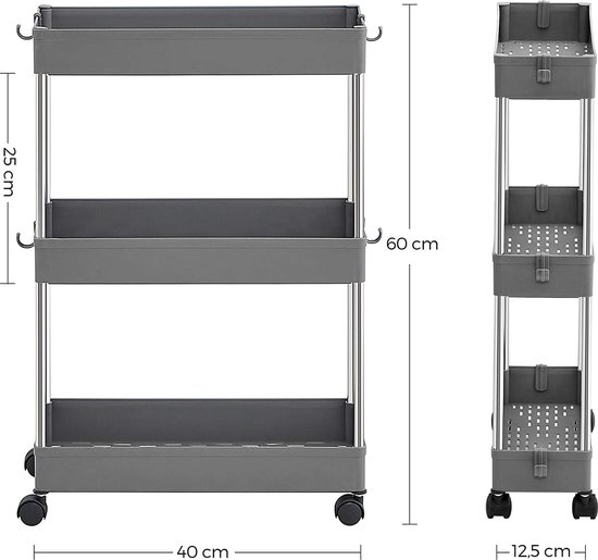 FetiNes Rolwagen 4 niveaus, keukentrolley, smal, nisrek op wielen, staal, handgreep, voor kleine ruimtes, 40 x 14 x 80 cm, keuken, badkamer, woonkamer, werkkamer, vintage bruin wit