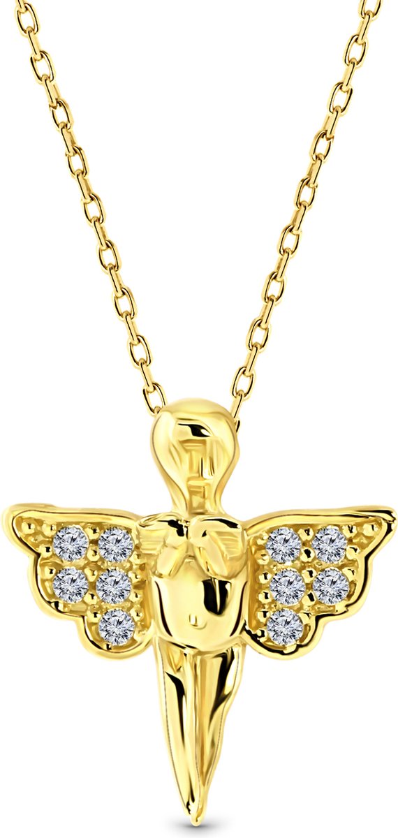 Juwelier Emo - Gouden Ketting met Engel hanger - Zirkonia stenen – 14 karaat Geelgoud – Diameter 42 CM