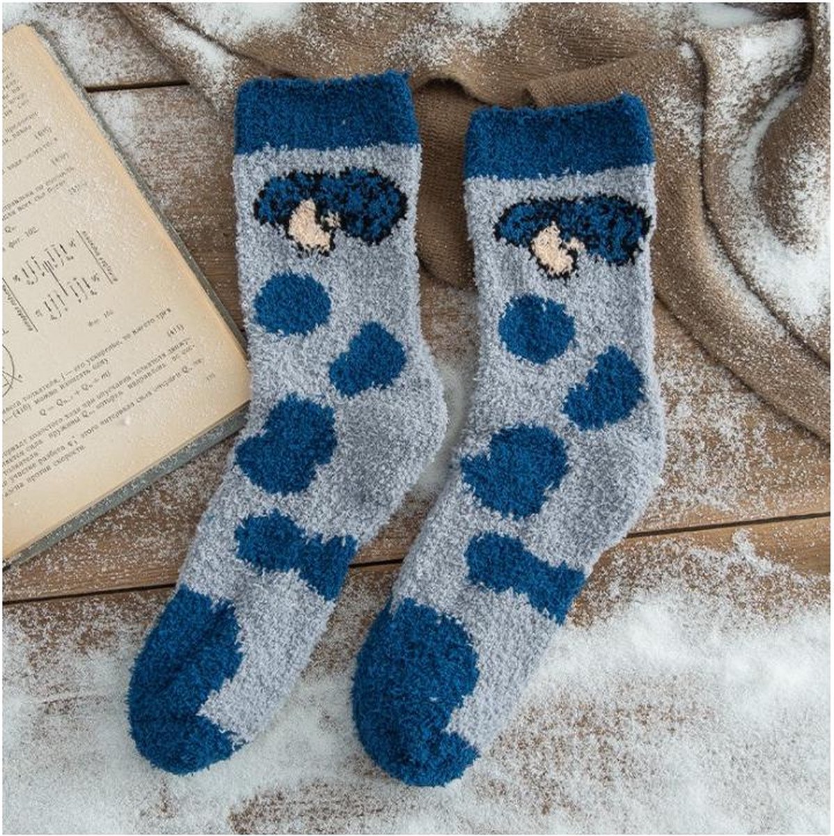 Huissokken - fluffy sokken - blauw - print broccoli - 36-40 - dikke - winter sokken