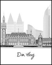 Poster Den Haag - Zwart Wit - Stadsgezicht - Skyline The Hague - Vredespaleis - Torentje - Binnenhof 50x40