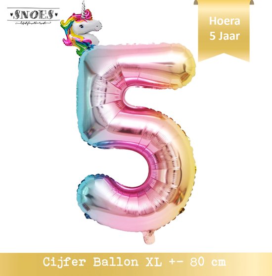 5 Jaar Folie Ballon Regenboog * 80 cm ballon * Snoes * Verjaardag Hoera 5 Jaar met Mini Unicorn Ballon * Eenhoorn Ballon * Feestje * Versieren * Magical * Cijfer ballon 5 Jaar * Vijfde Verjaardag