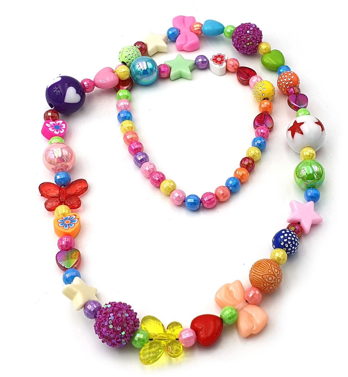 Vrolijke kinderketting kralenketting voor meisjes met hartjes, sterren, vlinders en verschillende kralen multicolor 60 cm