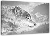 Trend24 - Canvas Schilderij - Wolf Op Een Besneeuwde Achtergrond - Schilderijen - Dieren - 90x60x2 cm - Grijs