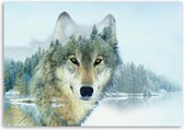 Trend24 - Canvas Schilderij - Wolf Op Een Bergachtergrond - Schilderijen - Dieren - 120x80x2 cm - Grijs