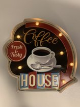 Metalen wandbord "coffee house fresh & tasty" met led verlichting