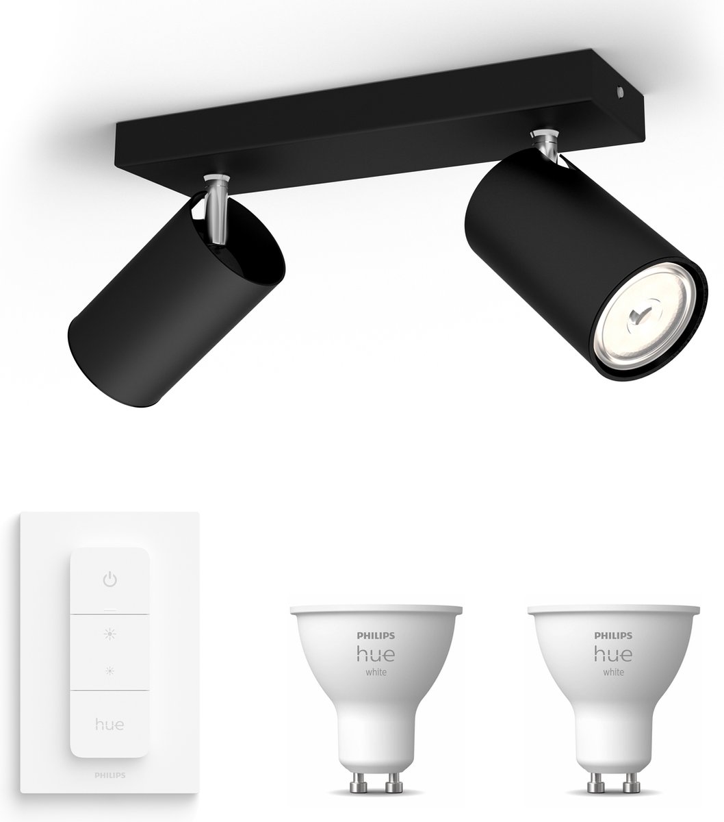 Philips myLiving Kosipo Opbouwspot Zwart - Incl. Philips Hue White GU10 en Dimmer Switch - Spotjes Opbouw - 2 Spots - Werkt met Alexa en Google Home