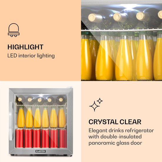Klarstein Mini Koelkast met Glazen Deur, Mini Koelkast voor Kamer, Kleine Drankkoelkast met Verstelbare Planken, Kleine Koelkast 47 Liter, Indoor/Outdoor Koelkast Stil - Drankenkoelkast - LED-Binnenverlichting Compact - RVS van Klarstein — afbeelding 3