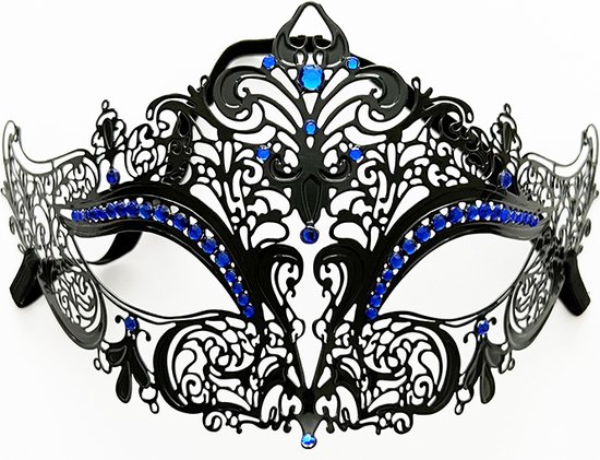 Venetiaans Masker - Metaal - Zwart - Blauwe stenen
