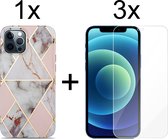 iPhone 13 Pro Max hoesje marmer lichtroze siliconen case apple hoes cover hoesjes - 3x iPhone 13 Pro Max Screenprotector