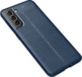 Samsung Galaxy S21 FE hoesje - MobyDefend TPU Gelcase - Lederlook - Navy blauw - GSM Hoesje - Telefoonhoesje Geschikt Voor: Samsung Galaxy S21 FE