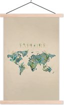 Wanddecoratie - Wereldkaart - Turquoise - Planten - Schoolplaat - 40x60 cm - Textielposter - Textiel poster