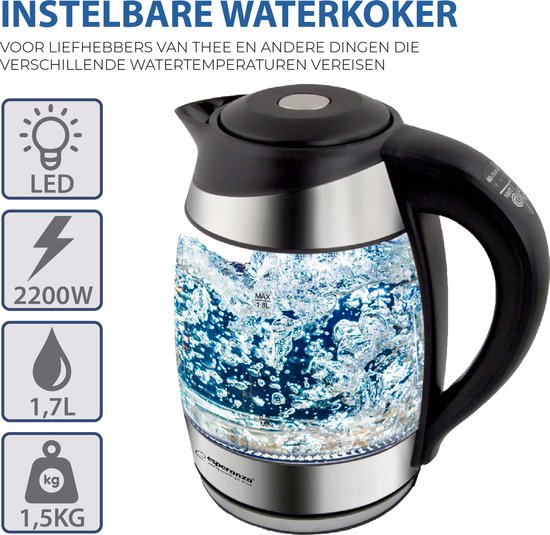 Glazen waterkoker met kokend water en pictogrammen voor LED, 2200W, 1,7L en 1,5KG.