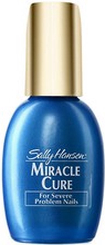Blauw flesje Sally Hansen Miracle Cure voor Ernstige Probleemnagels met gouden dop.