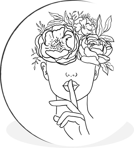 WallCircle - Wandcirkel - Muurcirkel - Abstracte line art van een vrouw met bloemen in het haar en een vinger voor haar lippen vierkant - Aluminium - Dibond - ⌀ 90 cm - Binnen en Buiten