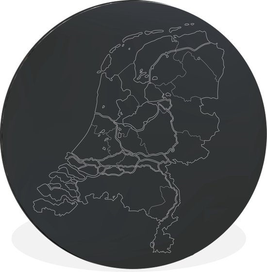 WallCircle - Wandcirkel - Muurcirkel - Landkaart - Nederland - Zwart - Wit - Aluminium - Dibond - ⌀ 90 cm - Binnen en Buiten