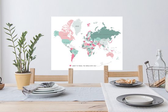 Sticker Muursticker cartes du Wereldkaart - Carte du monde Romantique - 80x60 cm - Film adhésif autocollant - Sticker mural repositionnable