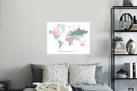 Sticker Muursticker cartes du Wereldkaart - Carte du monde Romantique - 80x60 cm - Film adhésif autocollant - Sticker mural repositionnable