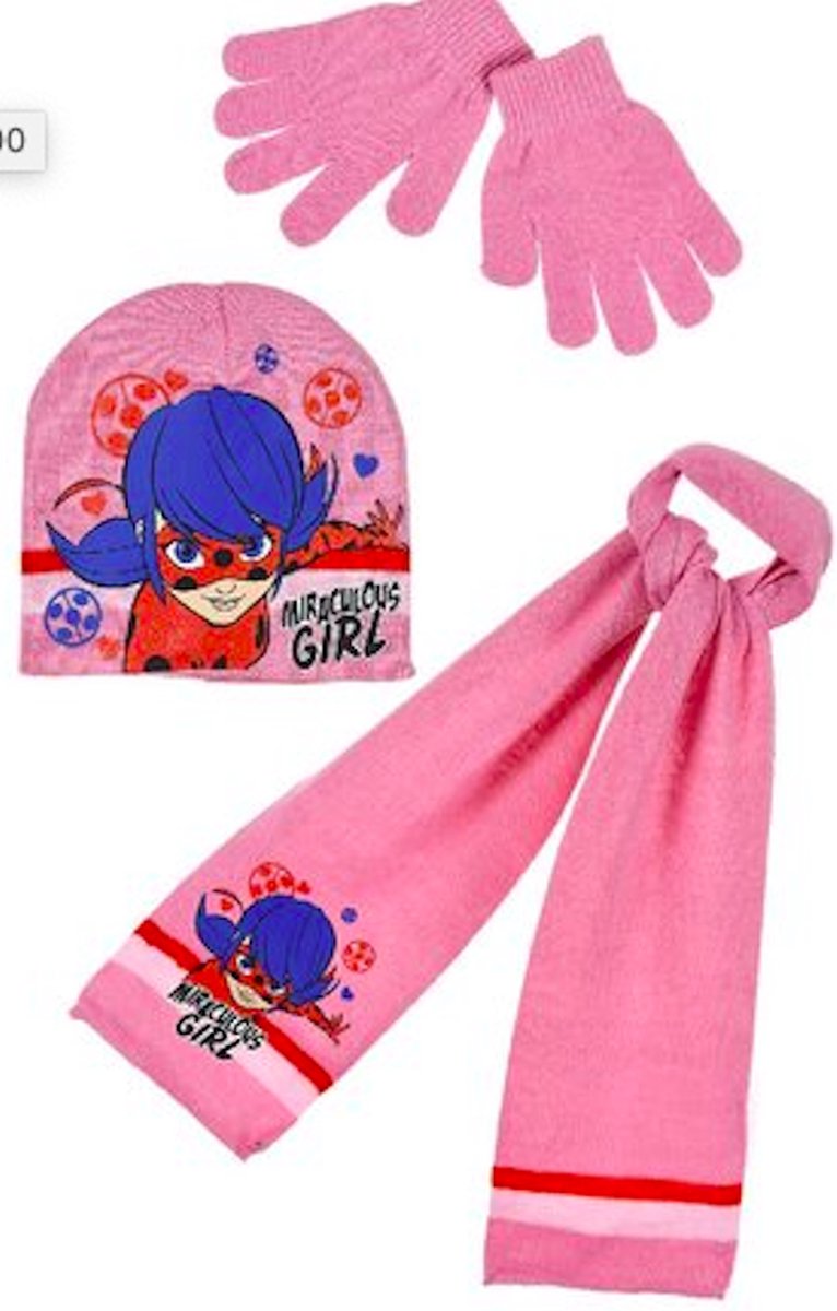 Ladybug Miraculous winterset - muts / sjaal / handschoenen - roos - maat 52 cm