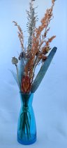 bloemstuk, droogstuk in blauw glazen vaas, Hoogte 65 cm, Ø 10 cm