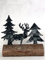 Mansion atmosphere - Hert en bomen silhouet op boomstam - Groene stof - Kerstdecoratie - 12.5x7x20cm