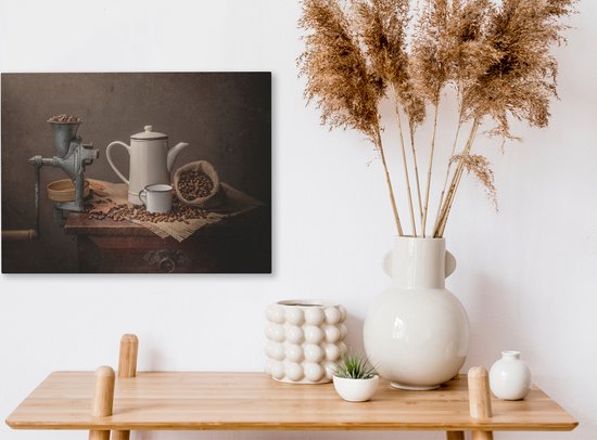 Canvas Schilderij Vele koffie bonen met draai apparaat - 40x30 cm - Wanddecoratie
