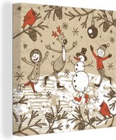 Canvas Schilderij Illustratie - Kerst - Sneeuwpop - 90x90 cm - Wanddecoratie