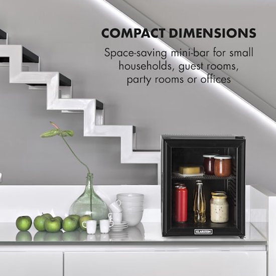 Klarstein Minibar Brooklyn 30 Mini Koelkast - Thermo-elektrisch koelsysteem - 30 liter inhoud - 3 standen koeling: tot 12 °C - Energie-efficiëntieklasse F - 23 dB - Flexibel kunststof plateau - LED licht - Panoramadeur van glas - Zwart van Klarstein — afbeelding 5