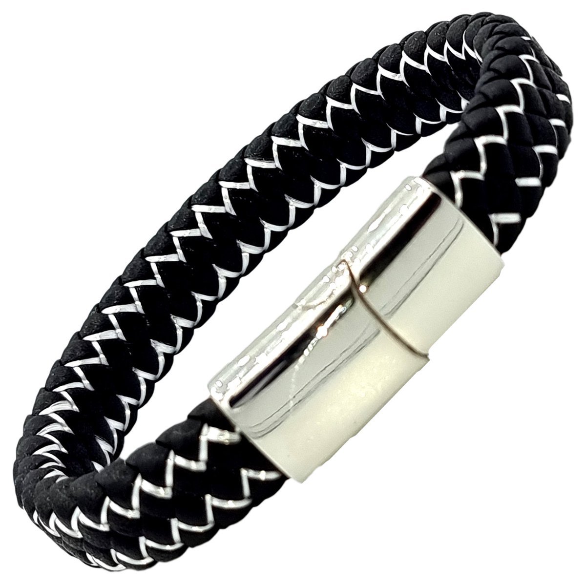 Gevlochten heren armband – 100% echt leder & edelstaal – magneetsluiting – Zilverkleurige Sluiting - 19 cm - Rhylane®