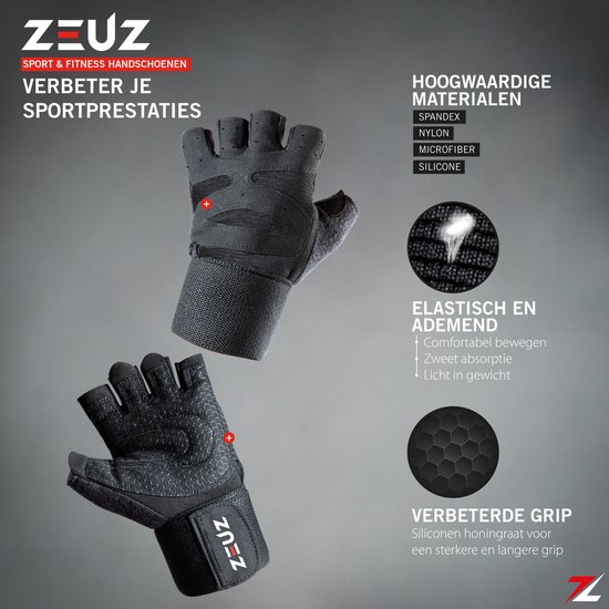 ZEUZ Sport & Fitness Handschoenen Heren & Dames – Krachttraining Artikelen – Geschikt voor Gym & CrossFit Training – Zwart – Maat M - ZEUZ