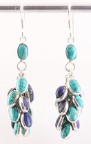 Lange trosvormige zilveren oorbellen met lapis lazuli en turkoois