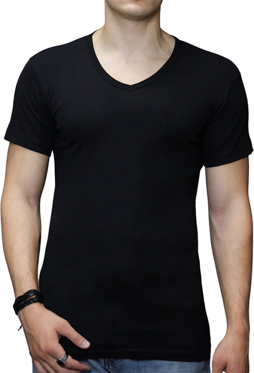 Top kwaliteit Heren T-shirt V-Hals – 2 Stuks – Zwart– 100% Katoen – Extra Lang - Maat XXL