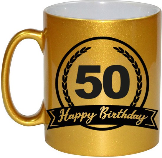 Foto: Gouden happy birthday 50 years cadeau mok beker met wimpel 330 ml keramiek abraham sarah verjaardags koffiemok theebeker