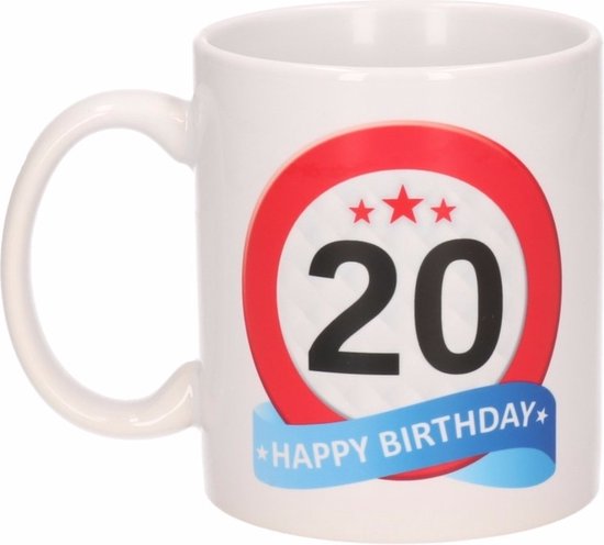 Beallatio Decorations - 20 jaar Verjaardag koffiemok - cadeau beker - stopbord print met happy birthday - 300 ml - keramiek - wit
