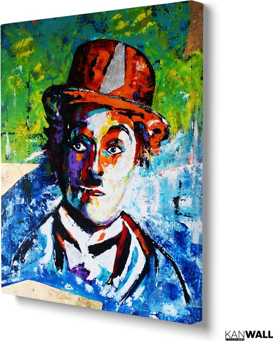 Kanwall - Schilderij - Luxe Charlie Chaplin Woonkamer Slaapkamer Paint Design Art ** Dik! Effect** - Groen, Blauw En Oranje - 100 X 75 Cm