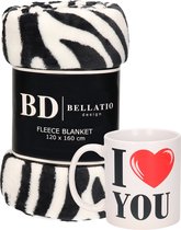 Valentijn cadeau set - Fleece plaid/deken zebra print met I love you mok - Cadeau vrouw, vriendin, geliefde